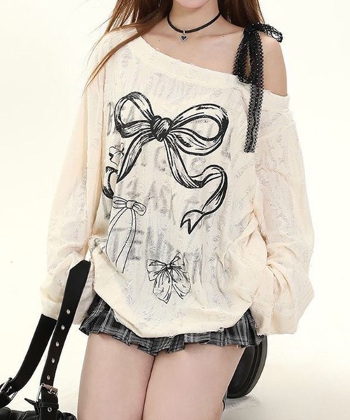 tシャツ リボンモチーフダメージ加工オフショルロンT レディース ﾘﾎﾞﾝﾓﾁｰﾌﾀﾞﾒｰｼﾞ加工ｵﾌｼｮﾙﾛﾝT（Tシャツ/カットソー）｜SPIGA