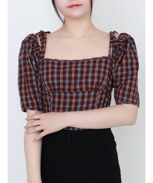 EATME（イートミー）の「リボンショルダーチェックブラウス（シャツ/ブラウス・レディース・ワイン/ブラック/ベージュ・FREE）」の3枚目の写真