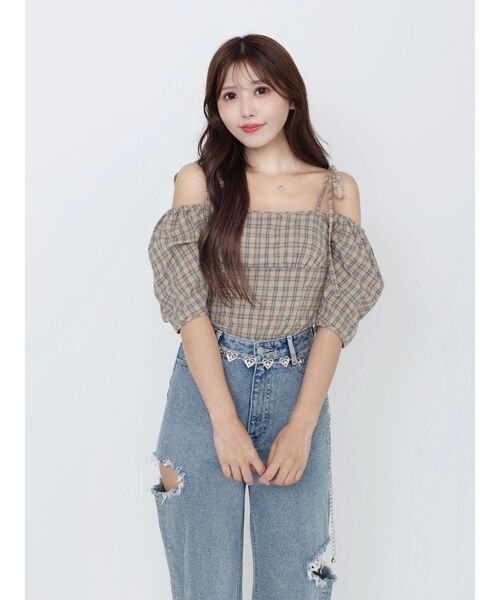 EATME（イートミー）の「リボンショルダーチェックブラウス（シャツ/ブラウス・レディース・ワイン/ブラック/ベージュ・FREE）」の8枚目の写真