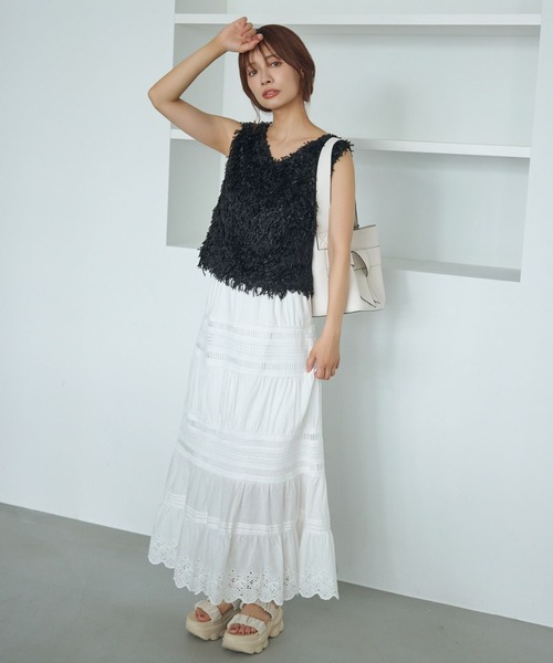 mysty woman（ミスティウーマン）の「コットンティアードレーススカート　586727（スカート・レディース・ブラック/オフホワイト/ブラウン・FREE）」の5枚目の写真