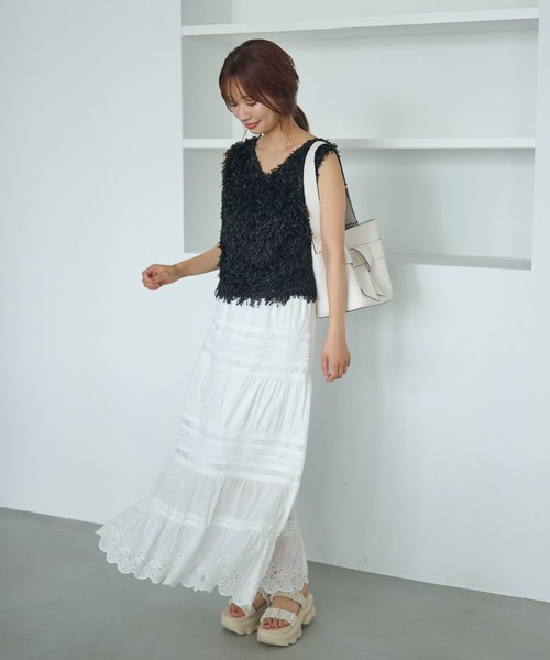 mysty woman（ミスティウーマン）の「コットンティアードレーススカート　586727（スカート・レディース・ブラック/オフホワイト/ブラウン・FREE）」の6枚目の写真