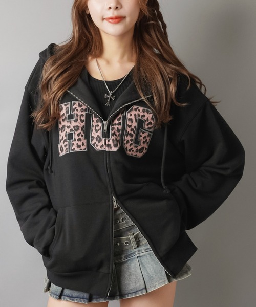 裏毛ジップパーカー/ヒョウ柄ロゴ（パーカー）｜SPINNS