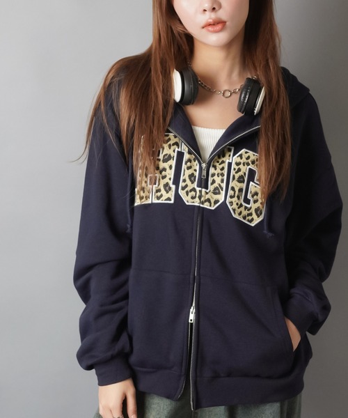 裏毛ジップパーカー/ヒョウ柄ロゴ（パーカー）｜SPINNS（スピンズ）の