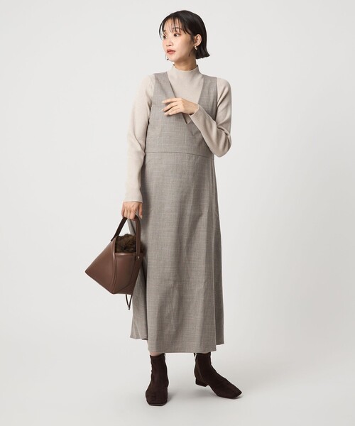 green label relaxing（グリーンレーベルリラクシング）の「［size SHORTあり］TWEEDY  ツイーディー Vネック フレア ジャンパースカート（ジャンパースカート・レディース・ブラック/ベージュ・FREE/SHORT）」の7枚目の写真