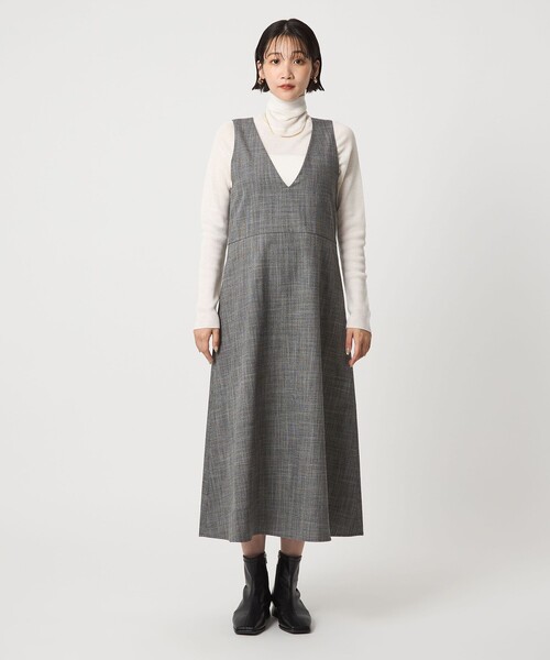 green label relaxing（グリーンレーベルリラクシング）の「［size SHORTあり］TWEEDY  ツイーディー Vネック フレア ジャンパースカート（ジャンパースカート・レディース・ブラック/ベージュ・FREE/SHORT）」の9枚目の写真