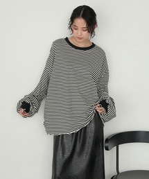 【forksy.】メローボリューム袖オーバーサイズボーダー長袖Tシャツ