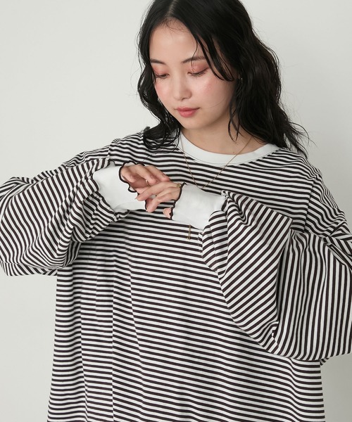 forksy.(フォルクシー)の「【forksy.】メローボリューム袖オーバーサイズボーダー長袖Tシャツ(Tシャツ/カットソー・レディース・グレー系/グリーン系/ブラウン系/ブラック系・FREE)」の1枚目の写真