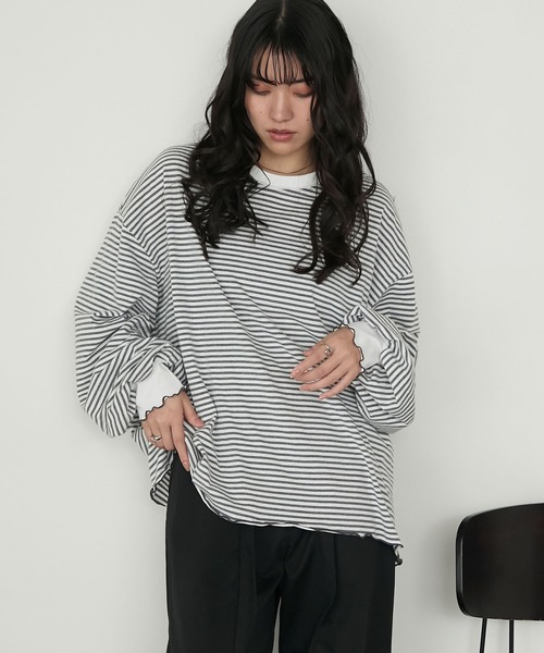 forksy.(フォルクシー)の「【forksy.】メローボリューム袖オーバーサイズボーダー長袖Tシャツ(Tシャツ/カットソー・レディース・グレー系/グリーン系/ブラウン系/ブラック系・FREE)」の8枚目の写真