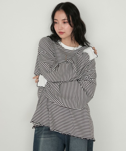 forksy.(フォルクシー)の「【forksy.】メローボリューム袖オーバーサイズボーダー長袖Tシャツ(Tシャツ/カットソー・レディース・グレー系/グリーン系/ブラウン系/ブラック系・FREE)」の15枚目の写真