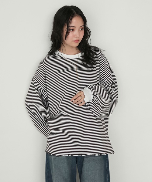 forksy.(フォルクシー)の「【forksy.】メローボリューム袖オーバーサイズボーダー長袖Tシャツ(Tシャツ/カットソー・レディース・グレー系/グリーン系/ブラウン系/ブラック系・FREE)」の16枚目の写真