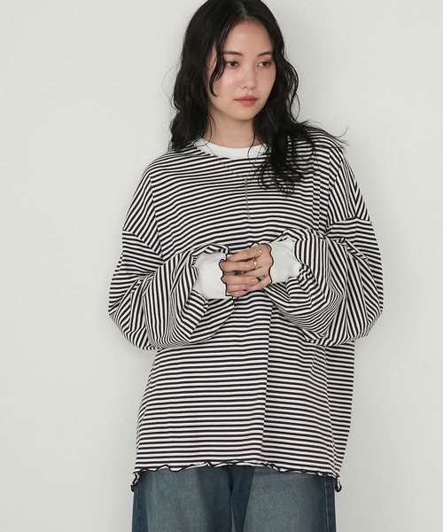 forksy.(フォルクシー)の「【forksy.】メローボリューム袖オーバーサイズボーダー長袖Tシャツ(Tシャツ/カットソー・レディース・グレー系/グリーン系/ブラウン系/ブラック系・FREE)」の18枚目の写真