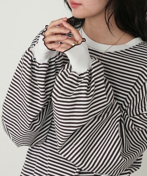 forksy.(フォルクシー)の「【forksy.】メローボリューム袖オーバーサイズボーダー長袖Tシャツ(Tシャツ/カットソー・レディース・グレー系/グリーン系/ブラウン系/ブラック系・FREE)」の21枚目の写真