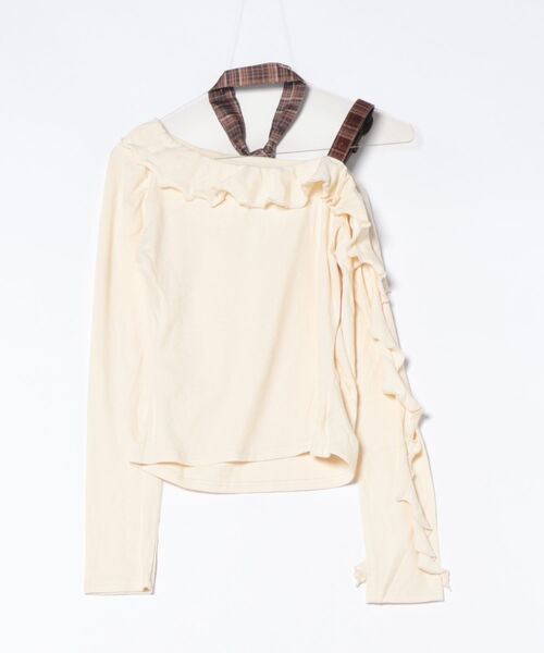 Lace Ladies(レースレディース)の「チェック柄 ストラップ リボン付き フリル トップス(Tシャツ/カットソー・レディース・アイボリー/ベージュ/パープル・FREE/S)」の4枚目の写真
