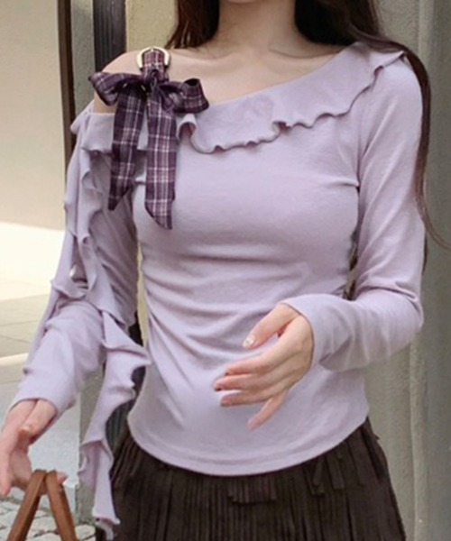 Lace Ladies(レースレディース)の「チェック柄 ストラップ リボン付き フリル トップス(Tシャツ/カットソー・レディース・アイボリー/ベージュ/パープル・FREE/S)」の7枚目の写真