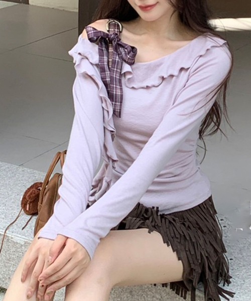 Lace Ladies(レースレディース)の「チェック柄 ストラップ リボン付き フリル トップス(Tシャツ/カットソー・レディース・アイボリー/ベージュ/パープル・FREE/S)」の8枚目の写真