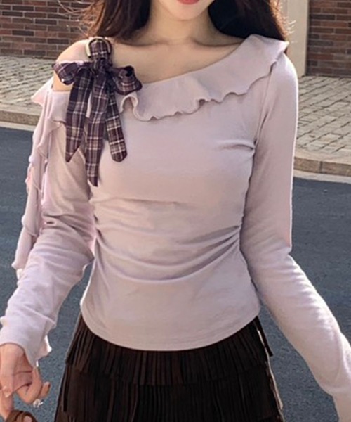 Lace Ladies(レースレディース)の「チェック柄 ストラップ リボン付き フリル トップス(Tシャツ/カットソー・レディース・アイボリー/ベージュ/パープル・FREE/S)」の10枚目の写真
