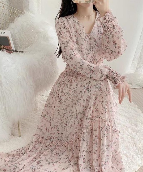 cammie（キャミー）の「フラワープリントウエストシャーリングワンピース（ワンピース・レディース・ピンク/ラベンダー/アイボリー・L/M）」の3枚目の写真