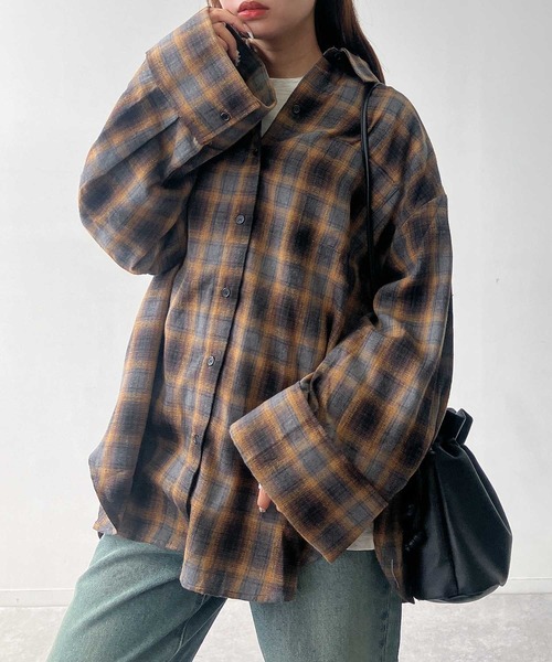 ビアズリー　チェックシャツTシャツ　グレー系チェック柄長袖シャツ チェックゆるシャツ: トップス｜ハニーズ公式通販