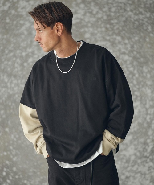 THEOREM（セオレム）の「msw1783- One Point Embroidered Laidback Switching Sweatshirt スウェット(TRM25-T043A)（スウェット・メンズ・グレー系その他/ブラック×グリーン/グレー×サックスブルー/ブラック×ベージュ・M/L/XL）」の2枚目の写真