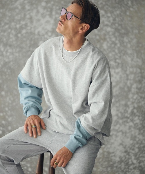 THEOREM（セオレム）の「msw1783- One Point Embroidered Laidback Switching Sweatshirt スウェット(TRM25-T043A)（スウェット・メンズ・グレー系その他/ブラック×グリーン/グレー×サックスブルー/ブラック×ベージュ・M/L/XL）」の4枚目の写真