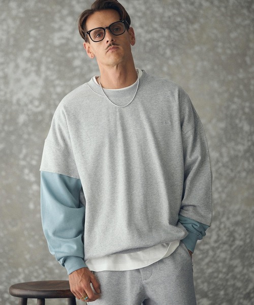 THEOREM（セオレム）の「msw1783- One Point Embroidered Laidback Switching Sweatshirt スウェット(TRM25-T043A)（スウェット・メンズ・グレー系その他/ブラック×グリーン/グレー×サックスブルー/ブラック×ベージュ・M/L/XL）」の6枚目の写真