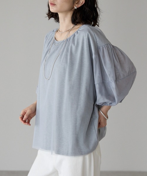 each(イーチ)の「チュールレイヤード5分袖プルオーバー(Tシャツ/カットソー・レディース・グレー/ブラック/ホワイト・FREE)」の1枚目の写真