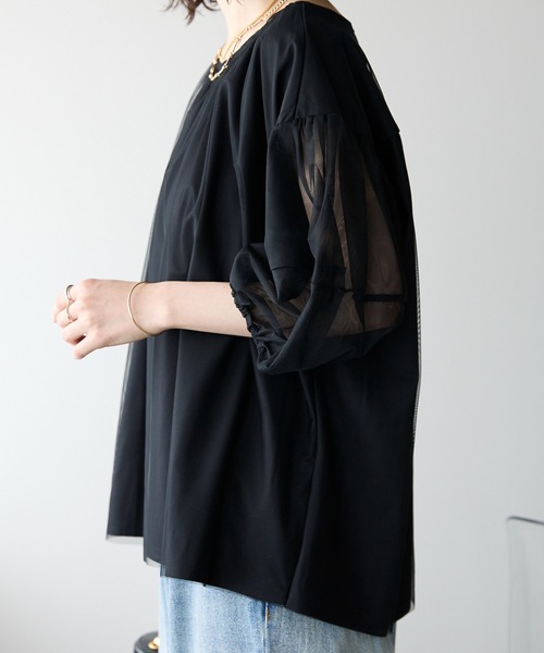 each(イーチ)の「チュールレイヤード5分袖プルオーバー(Tシャツ/カットソー・レディース・グレー/ブラック/ホワイト・FREE)」の11枚目の写真
