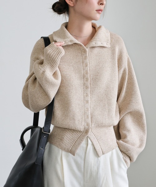 セール】ミックスハイネックボタンデザインカーディガン（カーディガン