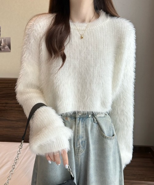 yuue' ( wear )(ユーイ)の「シャギーショートニットトップス(ニット/セーター・レディース・ブルー/ブラック/ベージュ/ホワイト・FREE)」の2枚目の写真