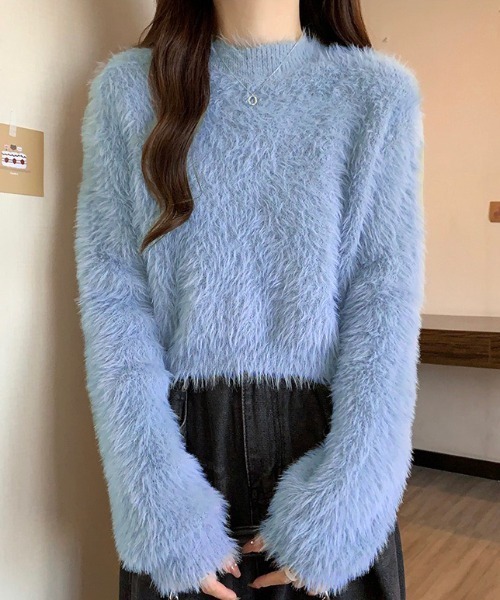 yuue' ( wear )(ユーイ)の「シャギーショートニットトップス(ニット/セーター・レディース・ブルー/ブラック/ベージュ/ホワイト・FREE)」の4枚目の写真