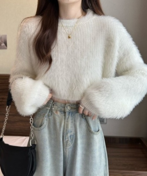 yuue' ( wear )(ユーイ)の「シャギーショートニットトップス(ニット/セーター・レディース・ブルー/ブラック/ベージュ/ホワイト・FREE)」の8枚目の写真