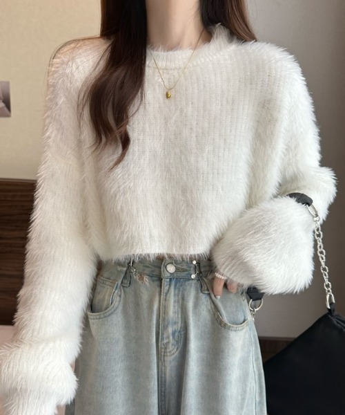 yuue' ( wear )(ユーイ)の「シャギーショートニットトップス(ニット/セーター・レディース・ブルー/ブラック/ベージュ/ホワイト・FREE)」の7枚目の写真