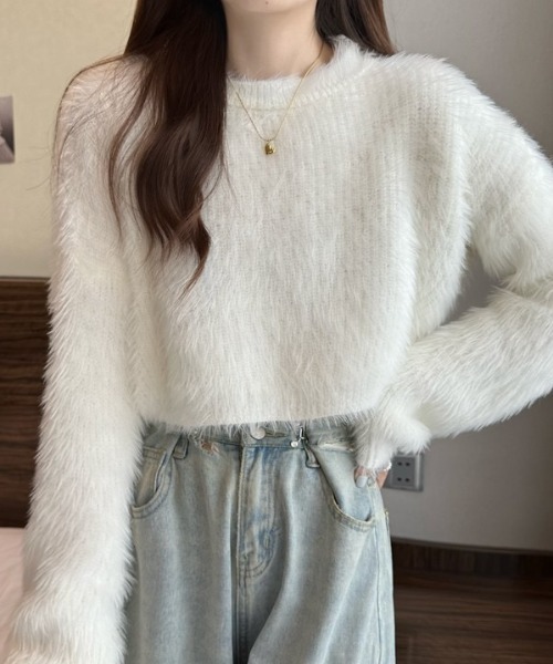 yuue' ( wear )(ユーイ)の「シャギーショートニットトップス(ニット/セーター・レディース・ブルー/ブラック/ベージュ/ホワイト・FREE)」の9枚目の写真