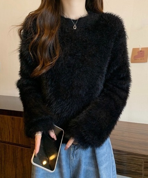 yuue' ( wear )(ユーイ)の「シャギーショートニットトップス(ニット/セーター・レディース・ブルー/ブラック/ベージュ/ホワイト・FREE)」の10枚目の写真