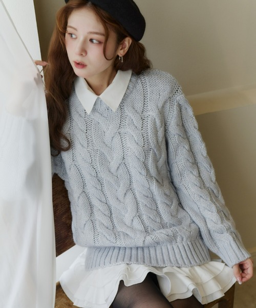 フリルレイヤードケーブルニット（ニット/セーター）｜Olu