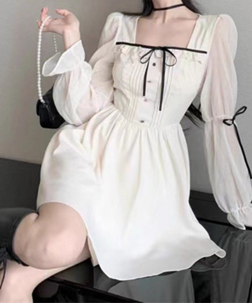 Mejoul(メジュール)の「リボン付スクエアネックシフォンフレアワンピース(ワンピース・レディース・アイボリー・M/L)」の5枚目の写真
