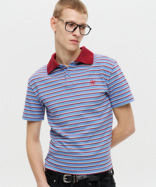 DNSR(ディーエヌエスアール)の「ストライプクロップポロTシャツブルー(ポロシャツ・メンズ・その他・MEDIUM/LARGE/X-LARGE)」の2枚目の写真