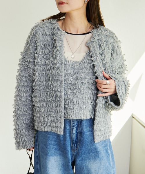 PUAL CE CIN（ピュアルセシン）の「ループフリンジニットカーディガン（カーディガン/ボレロ・レディース・ダークブラウン/グレー・FREE）」の2枚目の写真