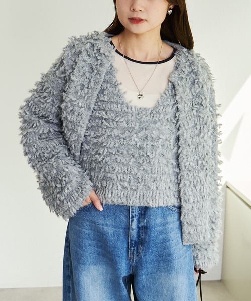 PUAL CE CIN（ピュアルセシン）の「ループフリンジニットカーディガン（カーディガン/ボレロ・レディース・ダークブラウン/グレー・FREE）」の4枚目の写真