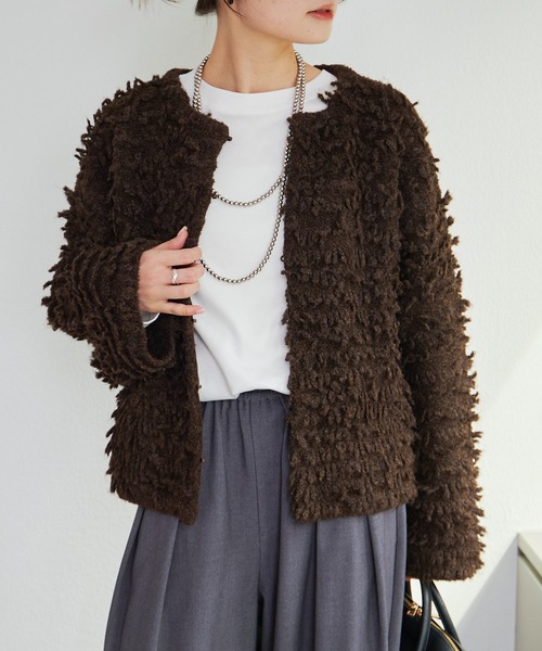 PUAL CE CIN（ピュアルセシン）の「ループフリンジニットカーディガン（カーディガン/ボレロ・レディース・ダークブラウン/グレー・FREE）」の10枚目の写真