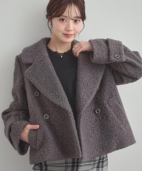 couture brooch（クチュールブローチ）の「【S-LL/無地・チェック柄】プードルボア ショートコート（ピーコート・レディース・グレー/アイボリー/ブルー系6・36/38/40/42）」の2枚目の写真