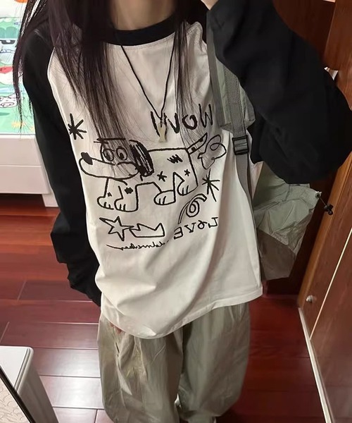 MEMECLE(メメクル)の「【 MEMECLE / メメクル 】ドッグプリント ロゴ ラグラン ロンT(Tシャツ/カットソー・レディース・ブラック・SMALL/LARGE/MEDIUM)」の1枚目の写真