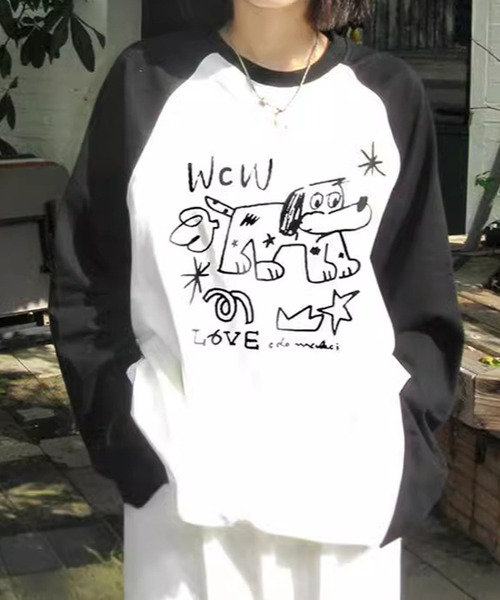 MEMECLE(メメクル)の「【 MEMECLE / メメクル 】ドッグプリント ロゴ ラグラン ロンT(Tシャツ/カットソー・レディース・ブラック・SMALL/LARGE/MEDIUM)」の4枚目の写真
