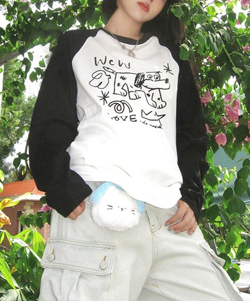 MEMECLE(メメクル)の「【 MEMECLE / メメクル 】ドッグプリント ロゴ ラグラン ロンT(Tシャツ/カットソー・レディース・ブラック・SMALL/LARGE/MEDIUM)」の5枚目の写真