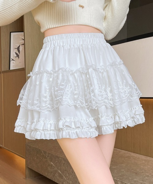 Mejoul(メジュール)の「【2026春夏新作】【インパン付き】ハイウエストフリルティアードレースミニスカート(スカート・レディース・ホワイト/アイボリー/ブラック・F)」の2枚目の写真