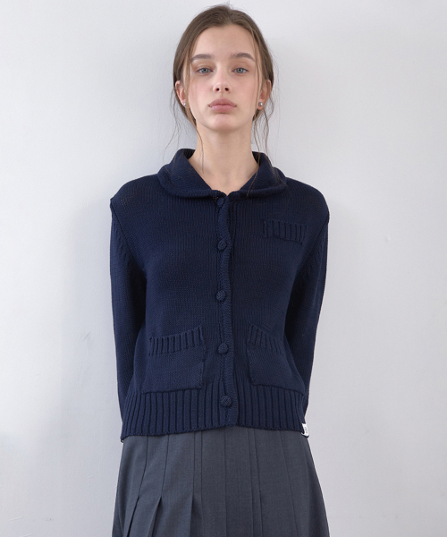 Round Collar Knit Cardigan (Navy)