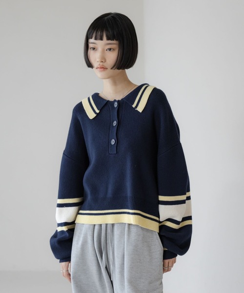 LOWRYS FARM（ローリーズファーム）の「エリポロラインニットプルオーバー　645088（ニット/セーター・レディース・グレー/アイボリー/ネイビー・FREE）」の3枚目の写真