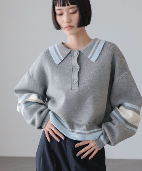 LOWRYS FARM（ローリーズファーム）の「エリポロラインニットプルオーバー　645088（ニット/セーター・レディース・グレー/アイボリー/ネイビー・FREE）」の2枚目の写真