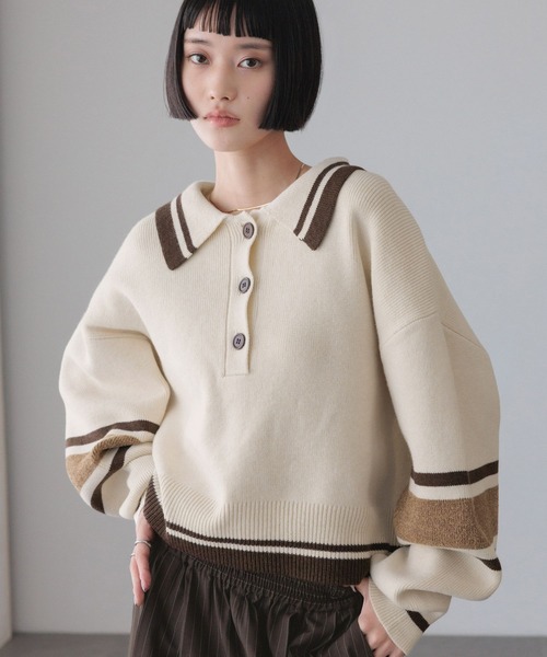 LOWRYS FARM（ローリーズファーム）の「エリポロラインニットプルオーバー　645088（ニット/セーター・レディース・グレー/アイボリー/ネイビー・FREE）」の7枚目の写真