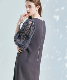モール刺繍ボリュームスリーブキーネックワンピース 結婚式 お呼ばれ ドレス 20代 30代